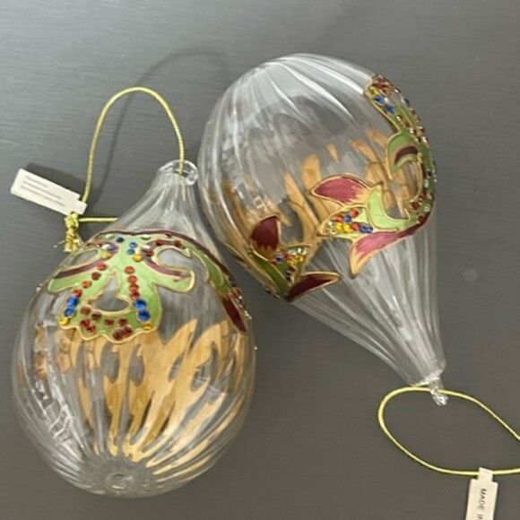 Other - Vintage Clear Glass Hand Blown TEARDROP Ornaments Handpainted Jeweled 🎄 These